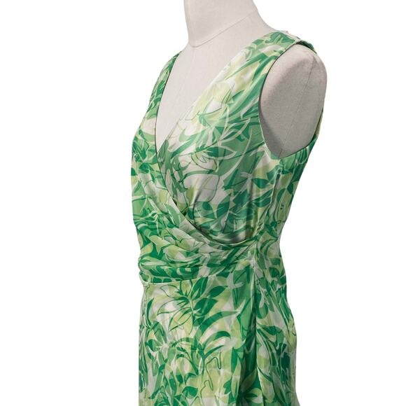 Vintage Y2k Silk Dress Floral Leaf Printed Faux Wrap Sleeveless Gathered Green - Picture 4 of 9